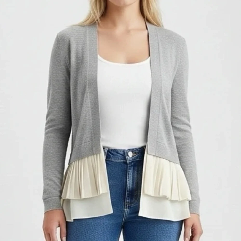 Chelsea28 Grey Ruffle Cardigan Sweater - Picture 1 of 8